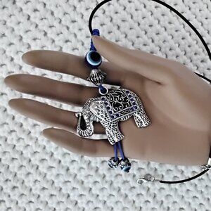Elefant trumpet up evil eye pendant leather cord necklace Good Luck Prosperity